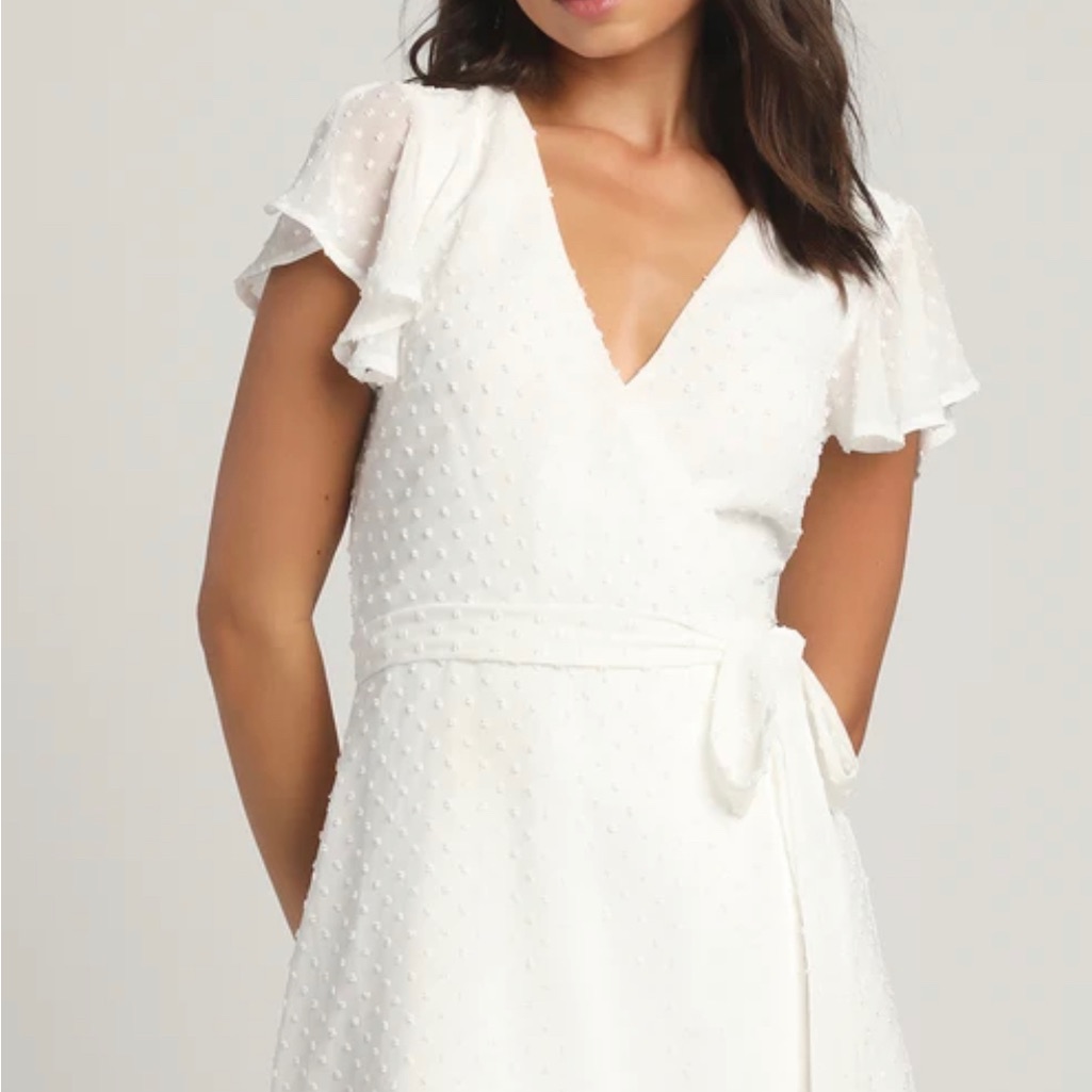Lulus Large White Swiss Dot Flutter Sleeve Wrap Mini Dress